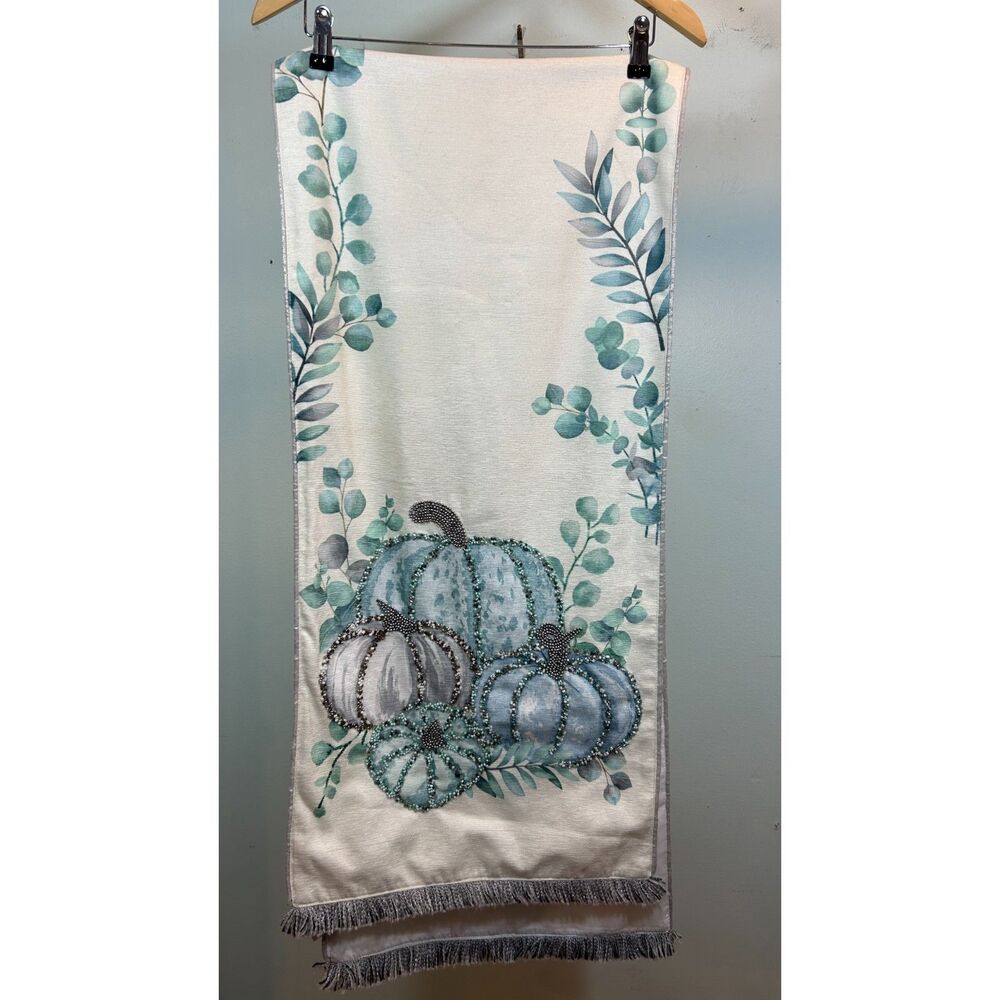 Rachel Ashwell Beaded Blue Pumpkin Fall Table Runner 16" x 72" Dining Holiday